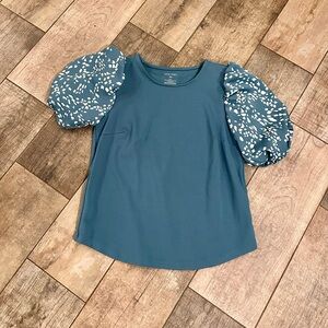 Nine West Teal Blouse with White Puff Sleeves Worn Once